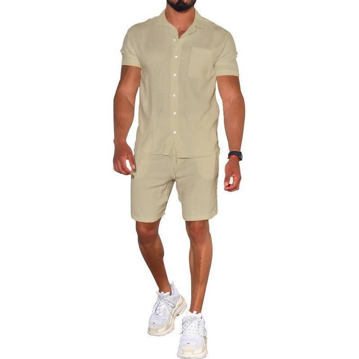Cross-border Summer Menswear Suit Polo Collar Solid Color Short-sleeved Shorts Suit Button Four-sided Stretch Shirt - Jointcorp