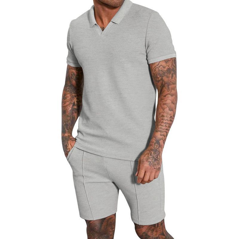 Men's Fashion Waffle V-neck Short-sleeved Shorts Two-piece Set - Jointcorp