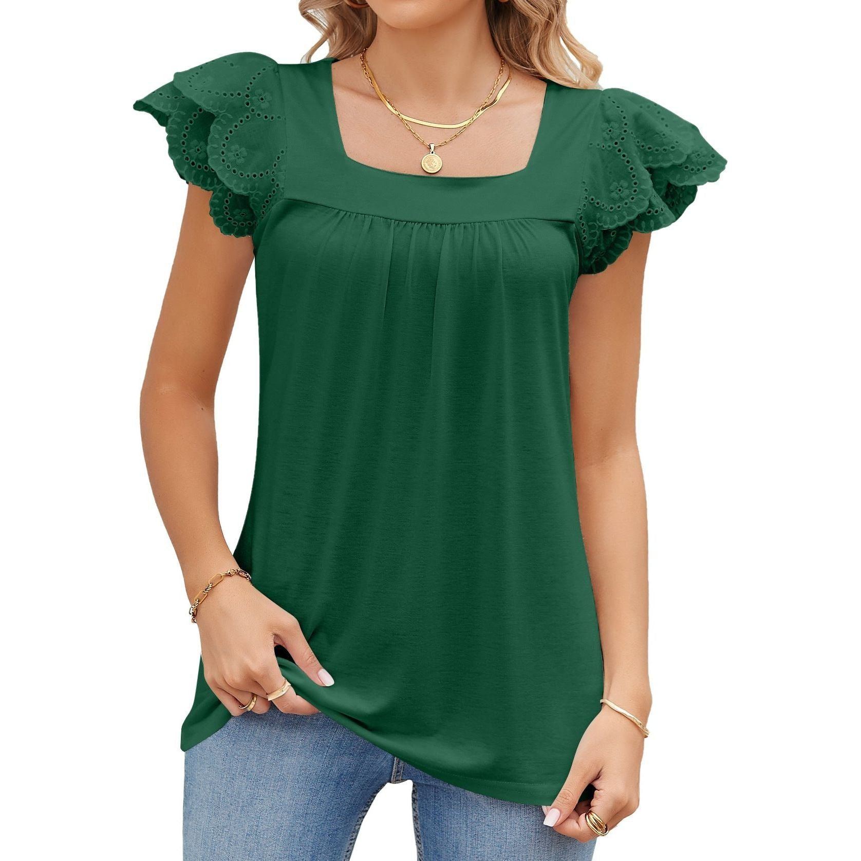 Solid Color Lace Stitching Square Collar Petals Short Sleeve T-shirt Top Female