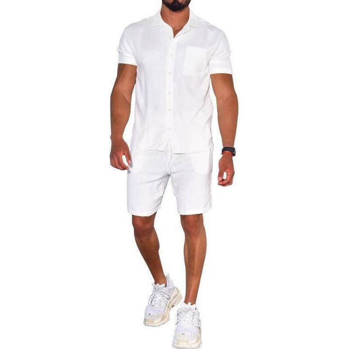 Cross-border Summer Menswear Suit Polo Collar Solid Color Short-sleeved Shorts Suit Button Four-sided Stretch Shirt - Jointcorp