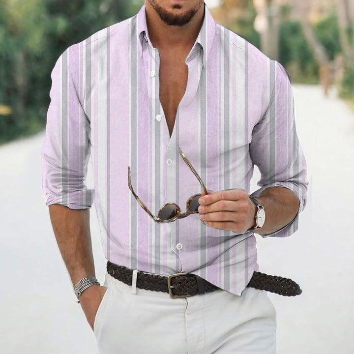 Men's Fashion Casual Vertical Stripes Lapel Digital Print Long Sleeve - Jointcorp