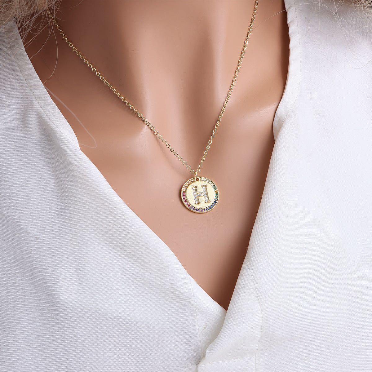 Gold English Letter Round Necklace Colorful Crystals Clavicle Chain - Jointcorp