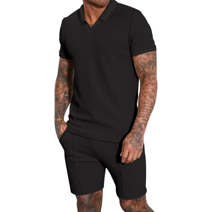 Men's Fashion Waffle V-neck Short-sleeved Shorts Two-piece Set - Jointcorp