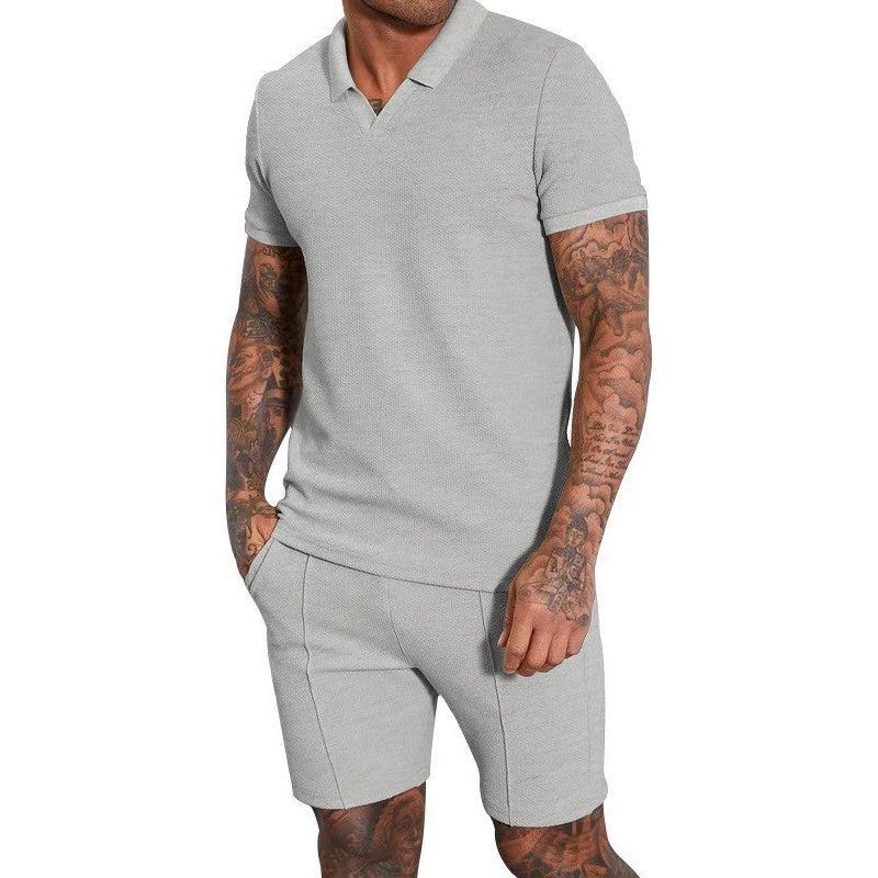 Men's Fashion Waffle V-neck Short-sleeved Shorts Two-piece Set - Jointcorp