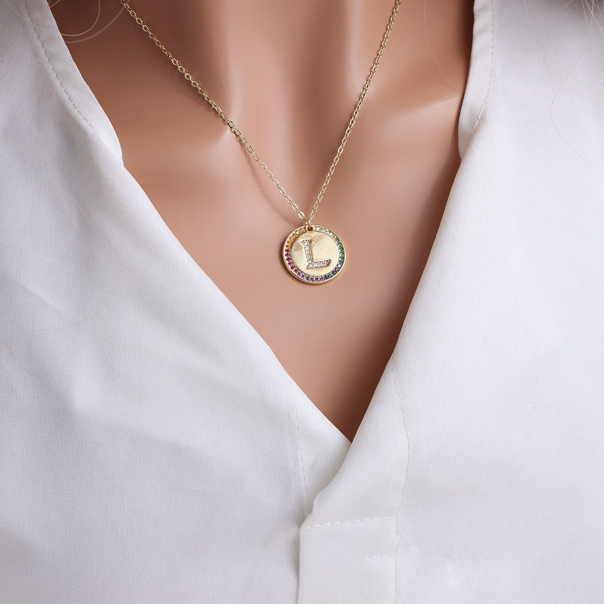 Gold English Letter Round Necklace Colorful Crystals Clavicle Chain