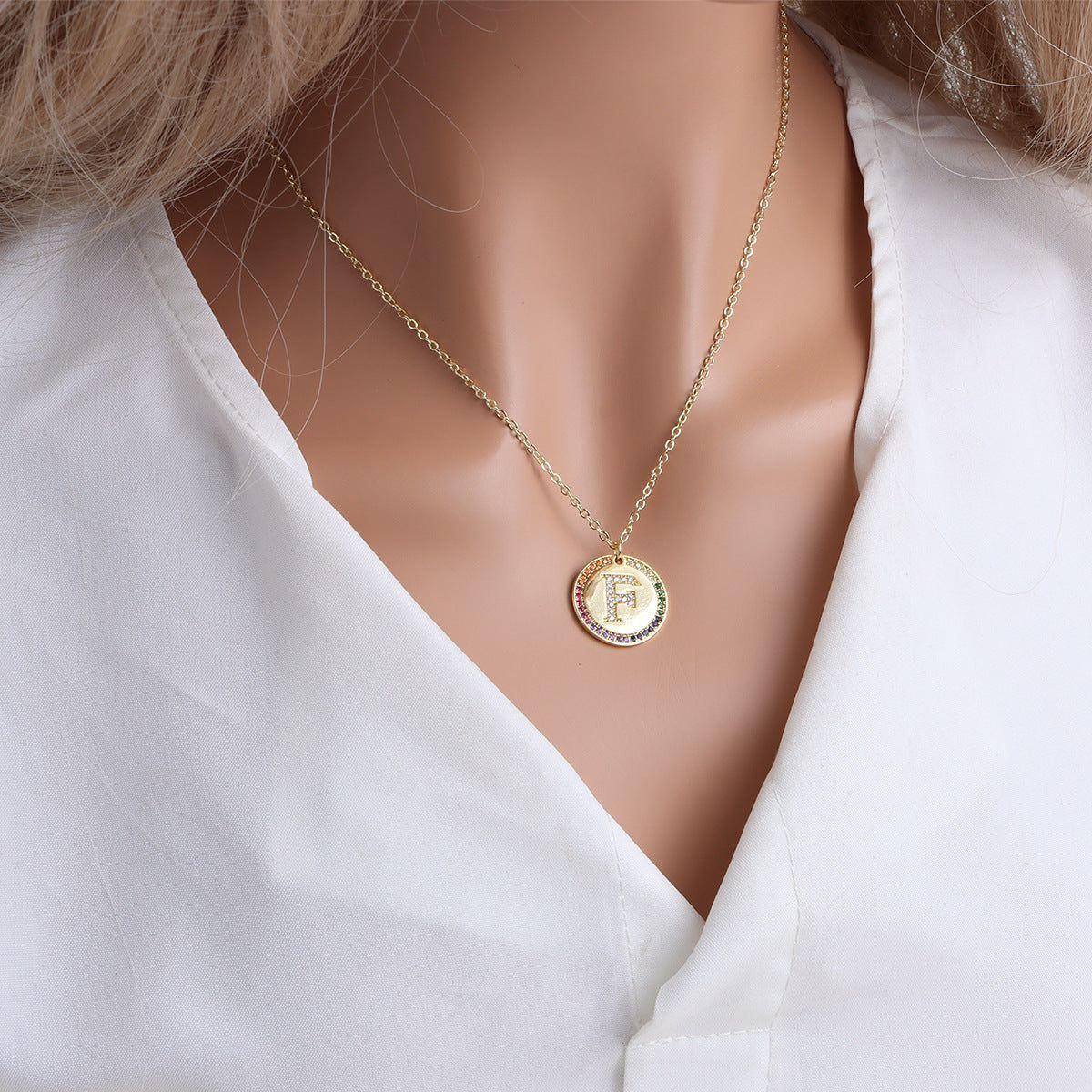 Gold English Letter Round Necklace Colorful Crystals Clavicle Chain - Jointcorp