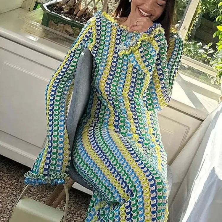 Women Elegant Contrast Stripe Backless Maxi Dress Female Casual O Neck Flare Long Sleeve Vestidos Lady Sexy Vacation Party Robe