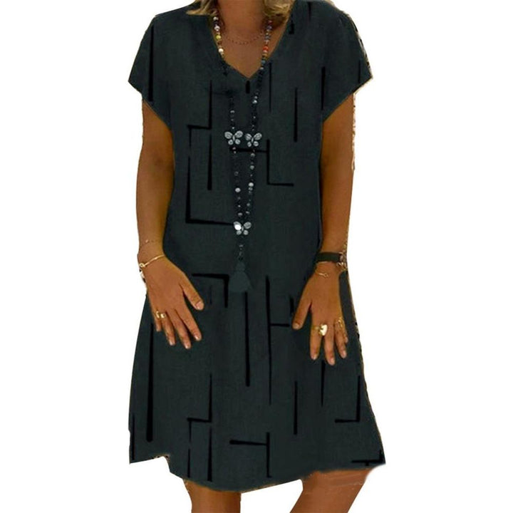 Vintage Women'S Dresses Solid Color V Neck Short Sleeve Printed Loose Knee-length Dress - Jointcorp