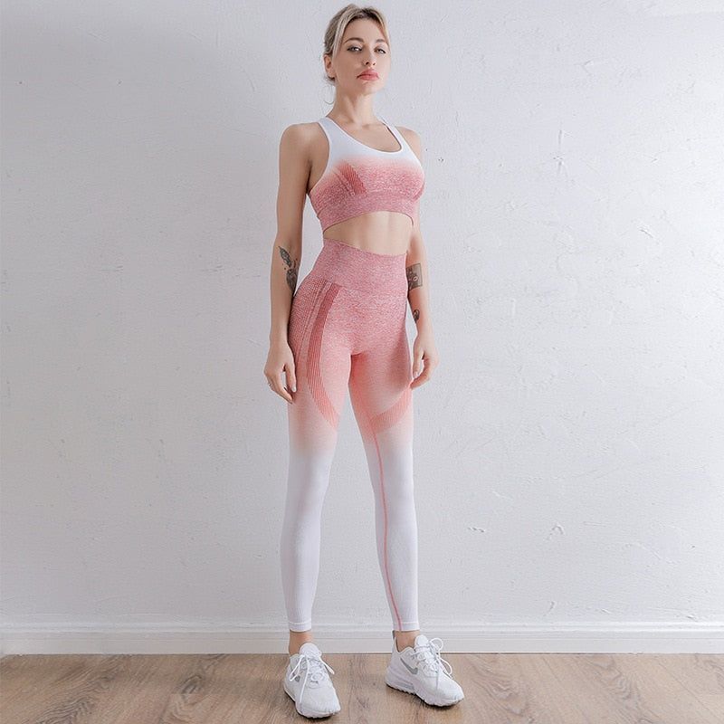 2 PCS Seamless Yoga Suit Women Sports Top + High Waist Leggings Sportswear