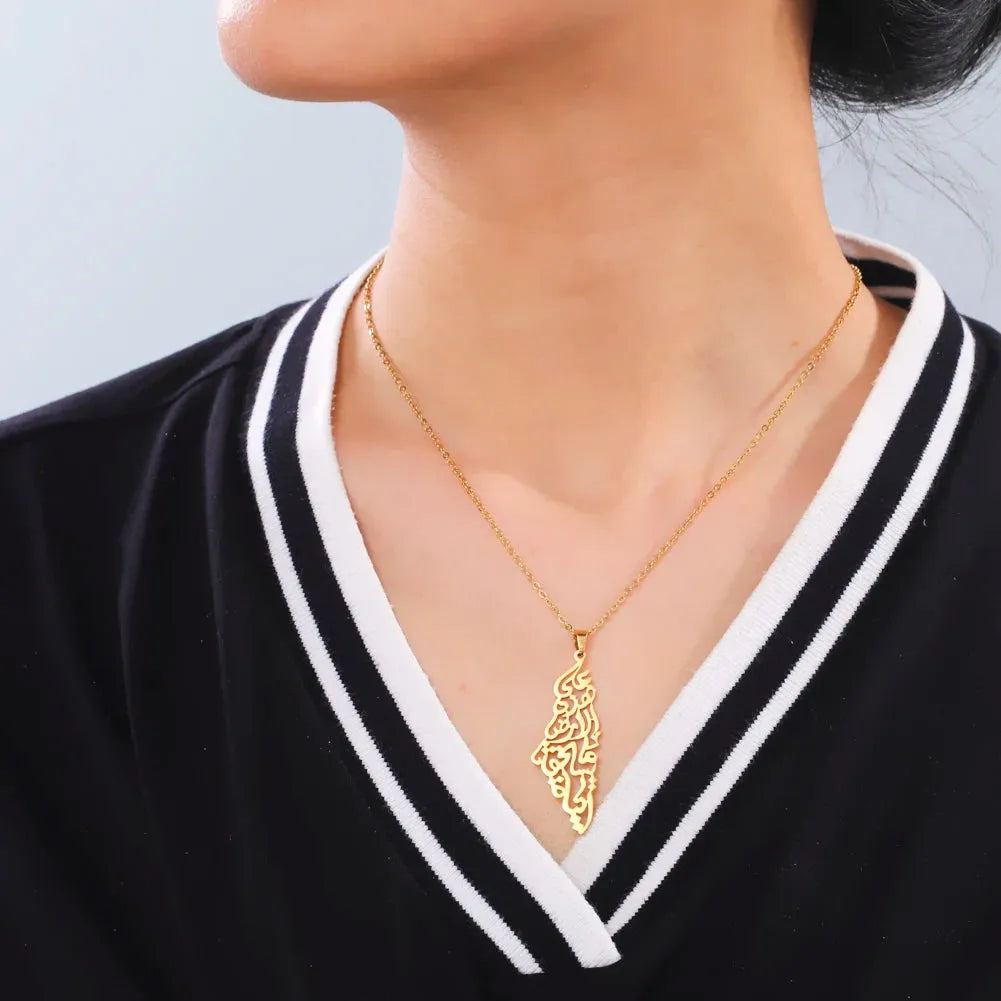 Skyrim Arabic Palestine Map Pendant Necklace Stainless Steel Neck Chain for Women Men Country Geography Jewelry Gift Wholesale
