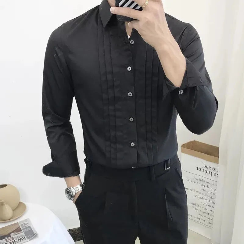 Spring Autumn New Solid Color Fashion Long Sleeve Shirt Man High Street Casual Button England Pleated Office All-match Cardigan