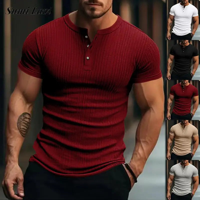 Vintage Button-up Henley Collar T-shirts For Mens 2025 Spring Summer Casual Solid Color Ribbed T Shirt Knitted Short Sleeve Tees