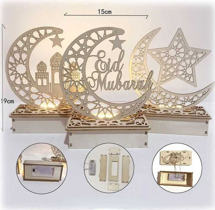 EID Mubarak Wooden Ornament Moon LED Candle Light Ramadan Decoration for Home Islamic Muslim Party Decoration Kareem Eid Al Adha