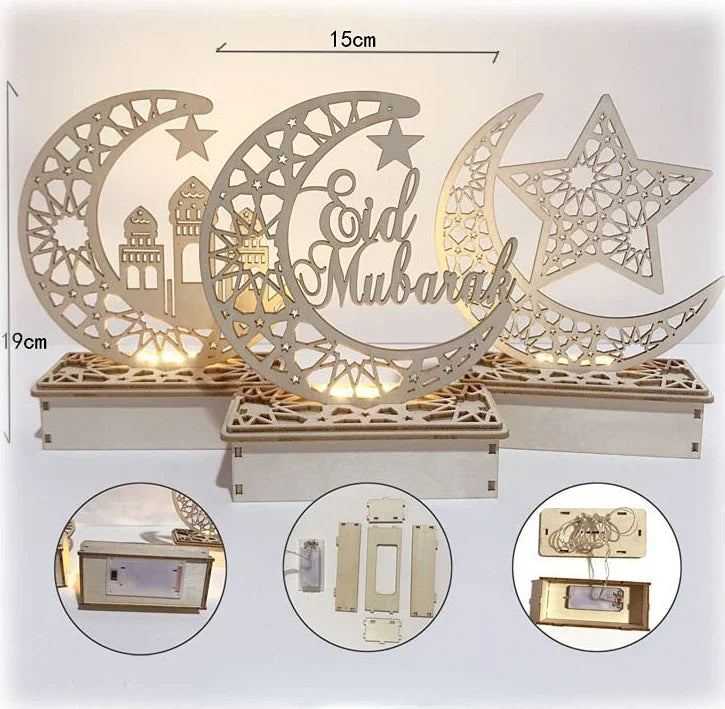 EID Mubarak Wooden Ornament Moon LED Candle Light Ramadan Decoration for Home Islamic Muslim Party Decoration Kareem Eid Al Adha