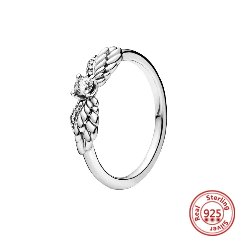 Silver Crown Heart Flower Wing Clear Zircon Rings for Women