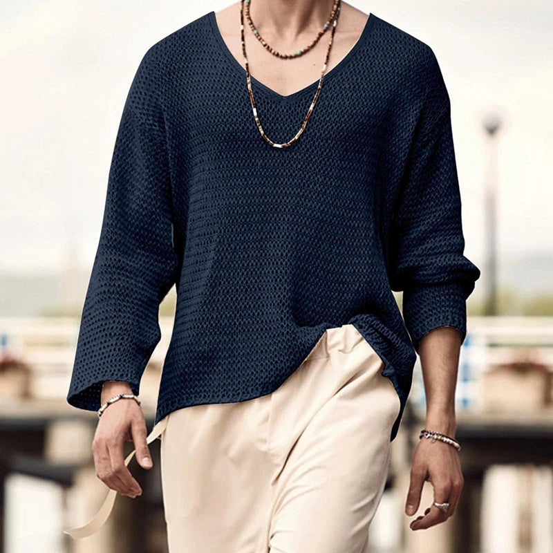 Summer Beach Casual Breathable Pullover Mens Knitting Long Sleeve V Neck Tops For Men Leisure Pure Color Hollow Out Knit T Shirt