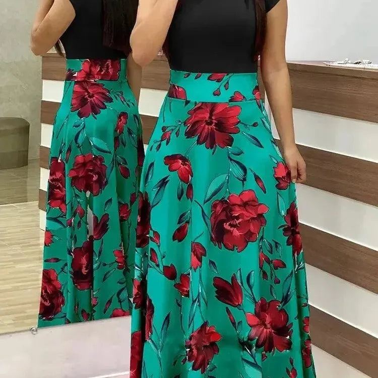 Autumn Explosion Style Floral Print Color Block Long Dress Women Clothing Elegant Commute Cotton Fabric Sizes S-3xl