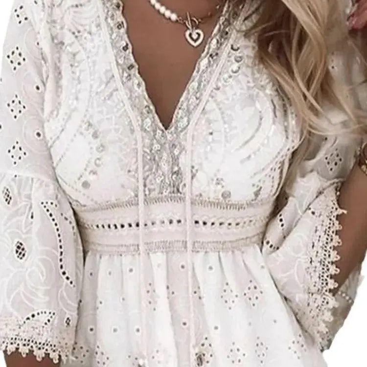 Women Elegant White Hollow Lace Mini Dress Summer V-neck Patchwork Lace Up Three Quarter Sleeve Ladies Vacation Beach Dresses