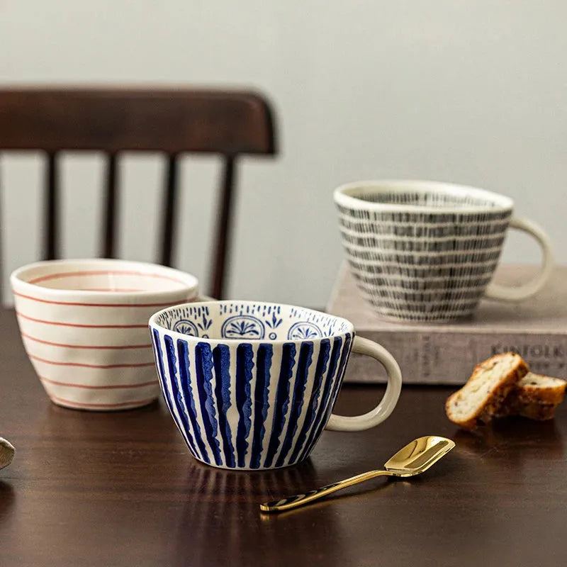 Japanese Style Irregular Hand-Painted Striped Ceramic Coffee Mug Large Capacity 400ml Drinkware Water Cup Oatmeal Cup Tea Cup