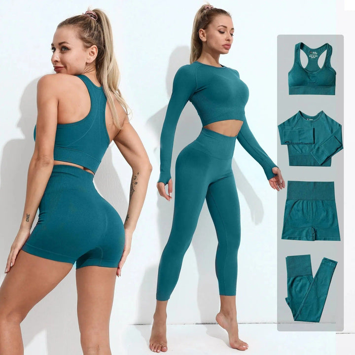 2PCS Seamless Women Yoga Set Workout Sportswear Gym Clothes Fitness Long Sleeve Crop Top High Waist Leggings Sports Suit