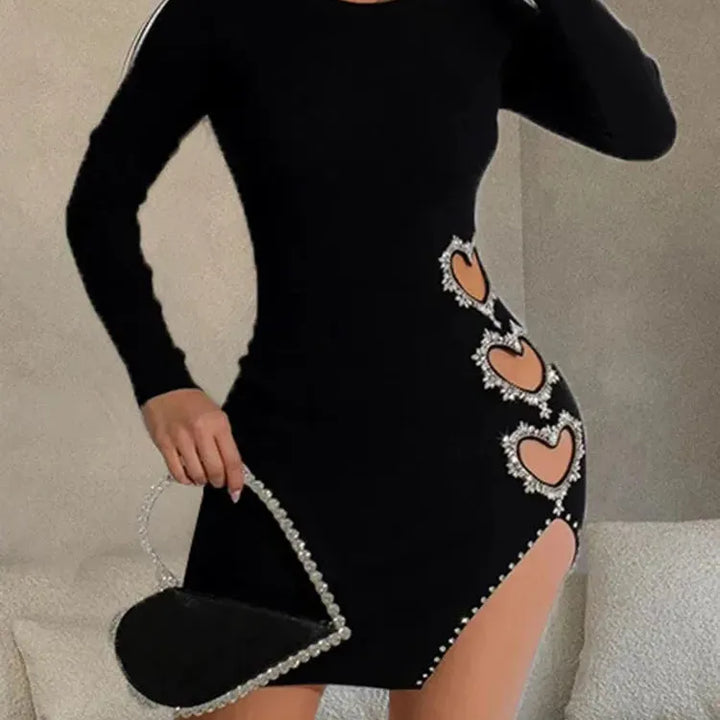 DEAT Fashion Women's Heart Diamonds Hollow Out Split Dress 2024 Spring New O-neck Long Sleeves Wrap Hip Dresses Female 33A658