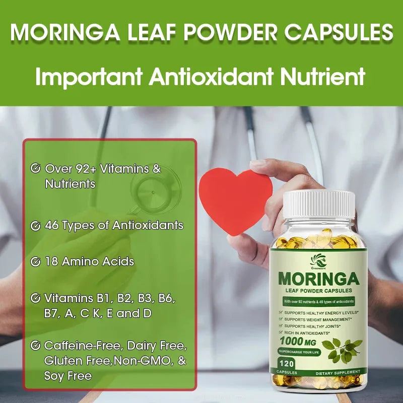Greensure Moringa Oleifera 1000 mg Capsules Extra Potency 50:1 Extract Energizing Antioxidant, 60/120 Vegetarian Capsules