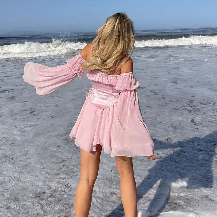 Mini Dress vintage Long Puff Sleeve for Beach - Jointcorp