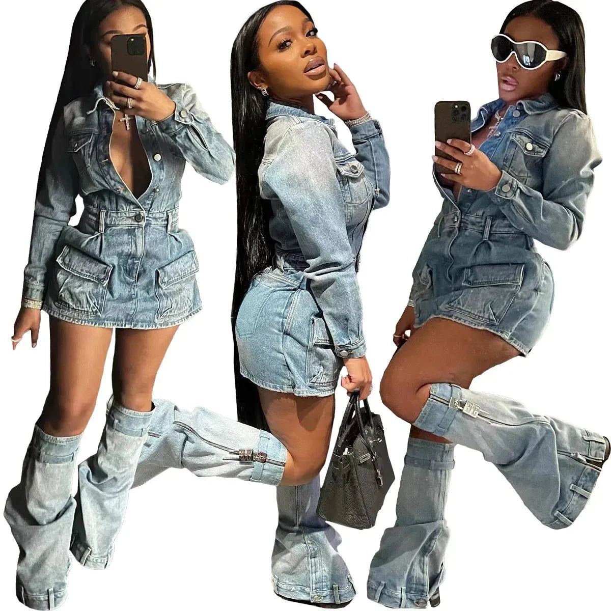 European and American Women's Fashion Sexy Multi Pocket Wash Denim Dress Women's Denim Skirt dress  streetwear