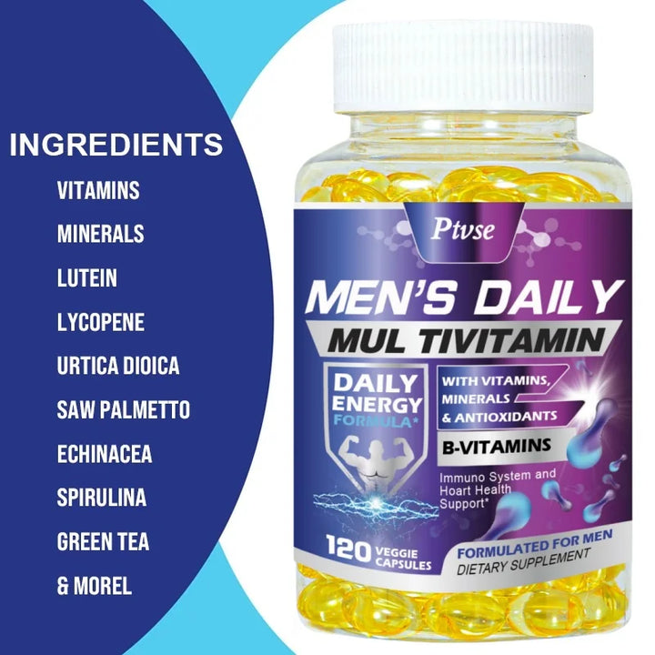 Men's multivitamin supplement with vitamins A, B12, C, D and E