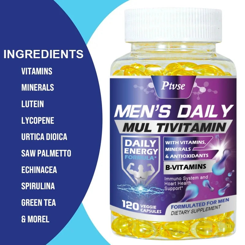 Men's multivitamin supplement with vitamins A, B12, C, D and E
