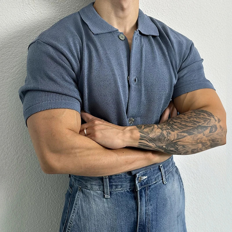 2024 Summer Mens Casual Tops Knitted Turn-down Collar Button Short Sleeve Slim Shirt For Men Knitwear Vintage Solid Color Shirts