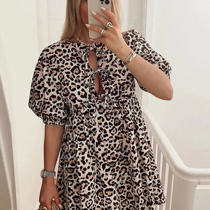 Leopard Print Bow Lace Up Mini Dress for Women O-neck Hollow Out Short Puff Sleeve Sweet Dresses 2024 Summer A-line Lady Vestido