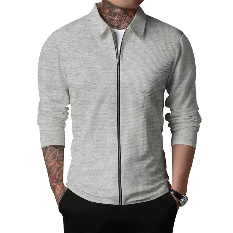 Spring and autumn 2023 new men's Sportswear, zippered long sleeved polo shirt+polyester fiber, solid checkered