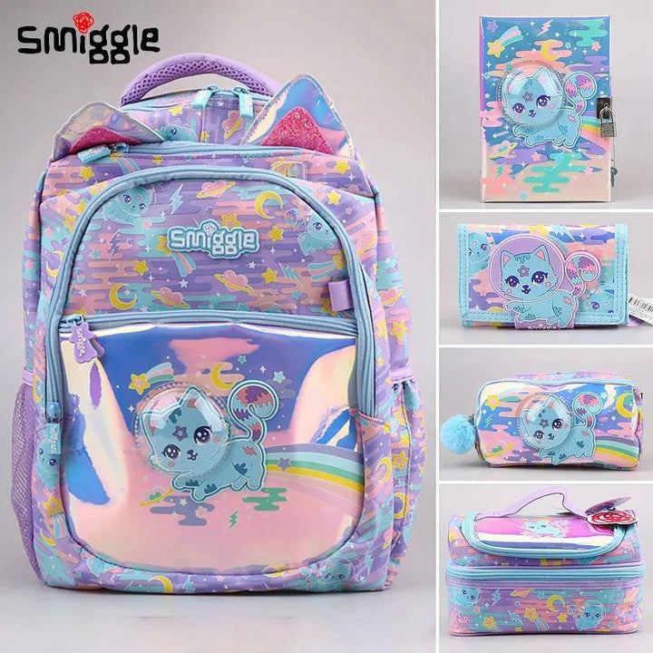 Genuine Australian Smiggle Blue Space Cat Student Backpack Crossbody Backpack Lunch Bag Pencil Box Card Bag Student Gift