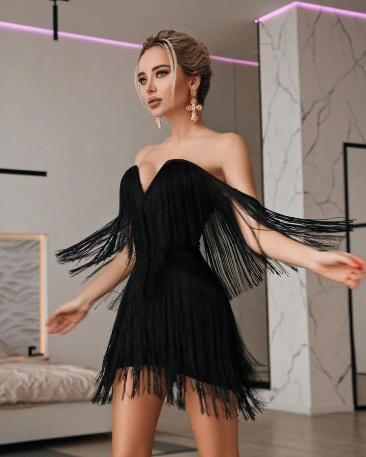 CIEMIILI New Women Fashion Tassel Bandage Dress Sexy V Neck Off Shoulder Bodycon Nightclub Celebrity Female Party Mini Dresses