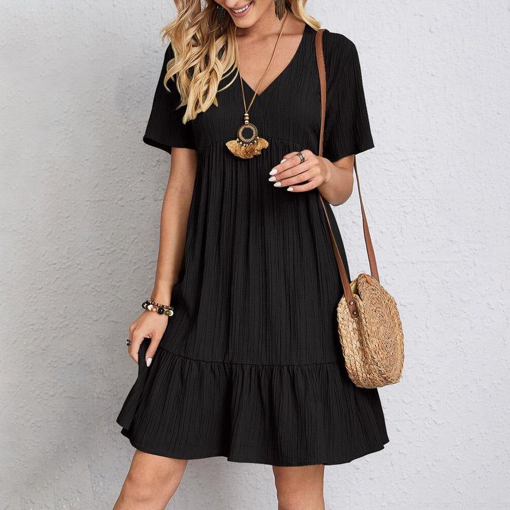 Summer Womens Short Sleeve Mini Dress Ladies Pleated Ruffle Solid Dresses Casual V Neck Vintage Loose Vestidos - Jointcorp