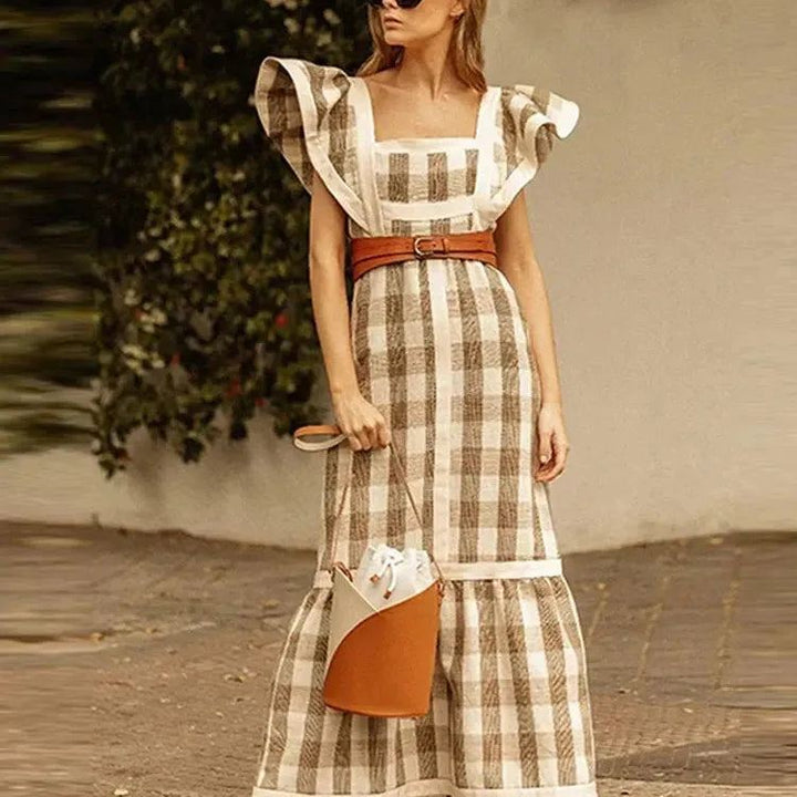Elegant Vintage Plaid Flying Sleeve Spliced Dress Women Square Collar High Waist Vestido 2024 Spring High Street Female Robe
