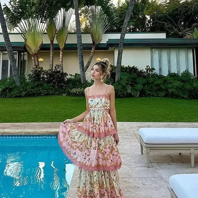 Women Sweet Print Cut Out Halter Maxi Dress Fashion Off Shoulder Sleeveless Holiday Robe Lady Elegant Beach Party Vestidos