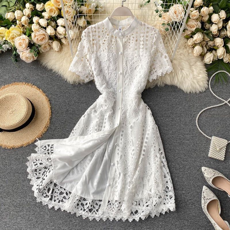 Summer Women Vintage Hollow Out Short Sleeve Overknee Dress Vintage dresses - Jointcorp