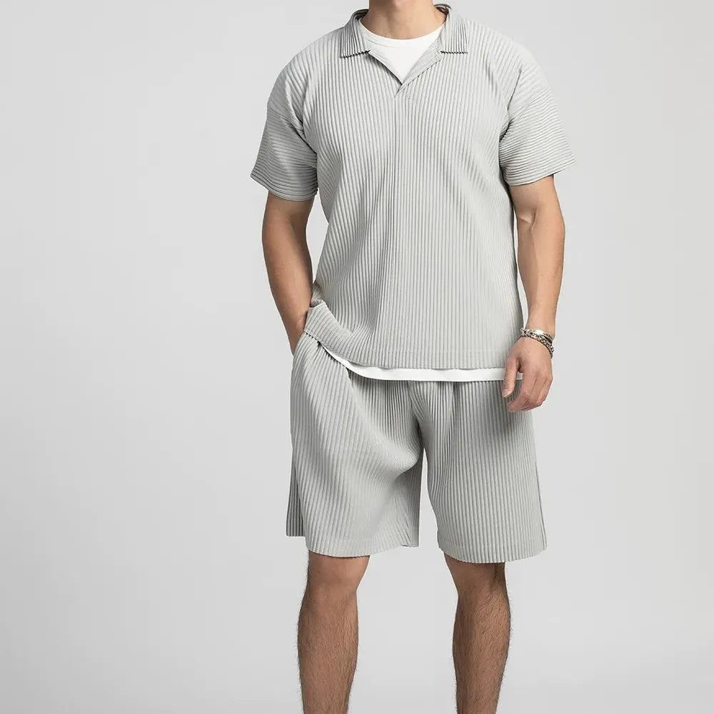 Miyake Pleated Men Polo Shirt Short-sleeved Lapel T Shirt Breathable Loose Casual Plain Top Miyake Men