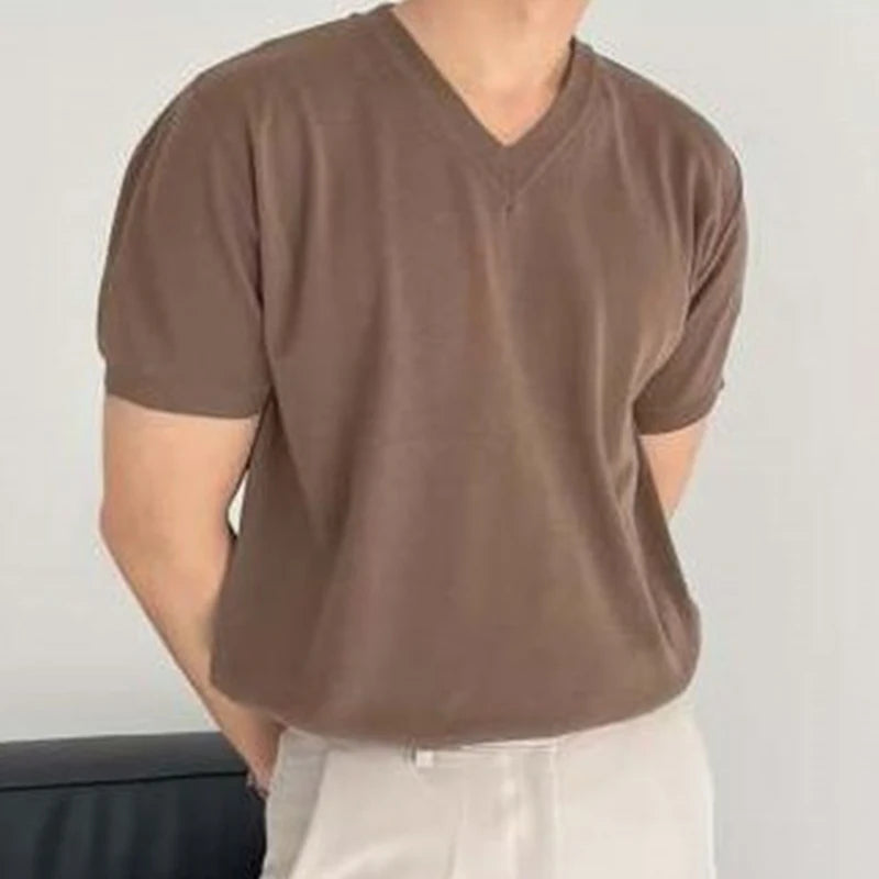 Streetwear Men Clothing Fashion V Neck T Shirts Knitted Short-sleeved Mens T-shirt Knitwear Summer Casual Solid Color Knit Tops