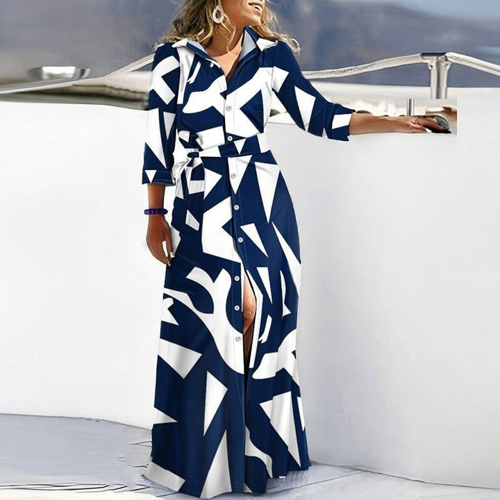 Printed Shirt Dress Women Elegant Long Dress + Long Sleeve Vintage dresses - Jointcorp