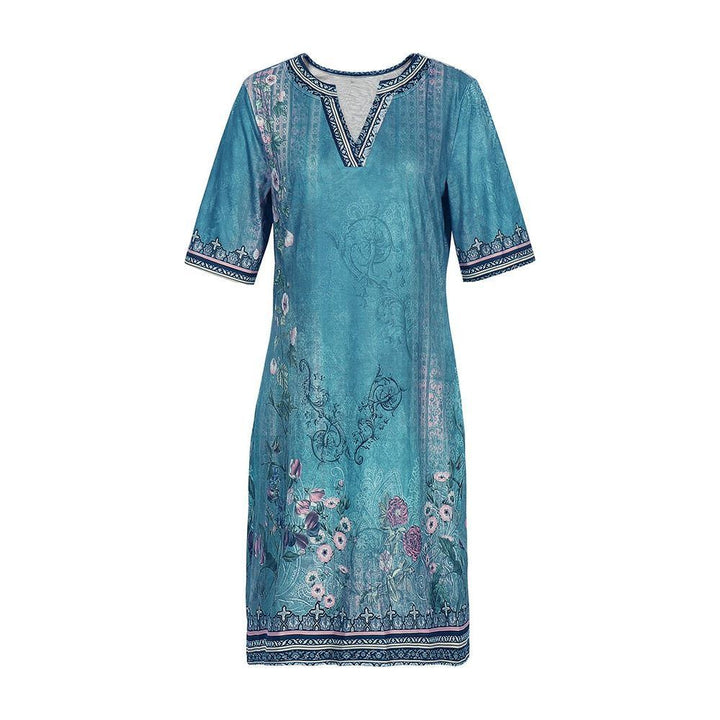 Plus Size Casual Women's Summer Medium Skirt 5XL 2023 Fashion Large Size V Neck Print Short Sleeved Vintage dresses - Jointcorp