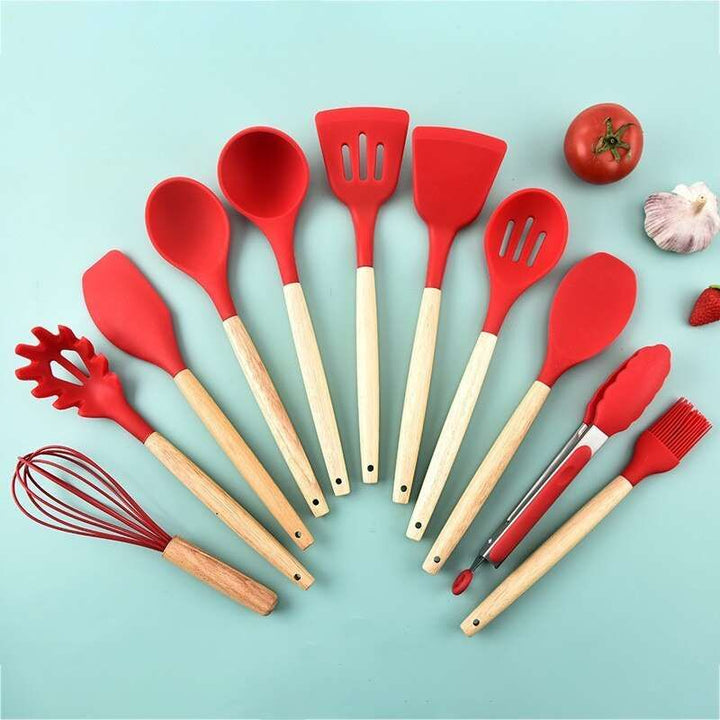 12Pcs/Set Wooden Handle Silicone Kitchen