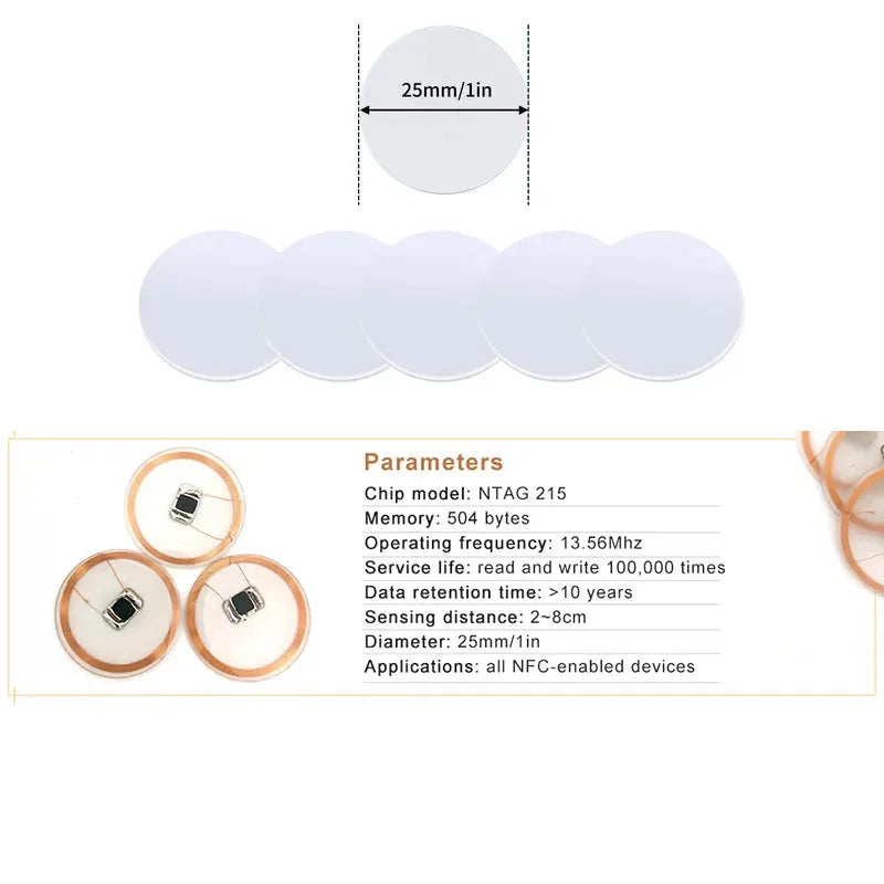 20/50pcs NFC Ntag215 Coin Tag 13.56MHz Ultralight Universal Label 25mm Diameter With Adhesive Backing Transparent Storage Box