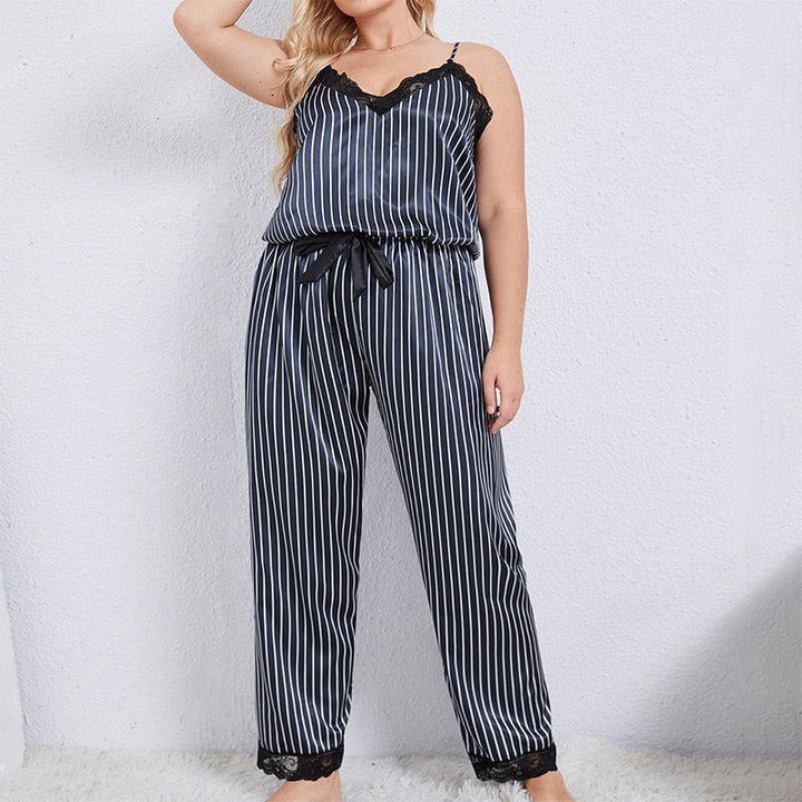 Two Pieces Sleep Set Women Pajamas Stripe Satin Strap Sling&Pants Suit With Bow V-Neck Summer Nightgown Loungewear - Jointcorp