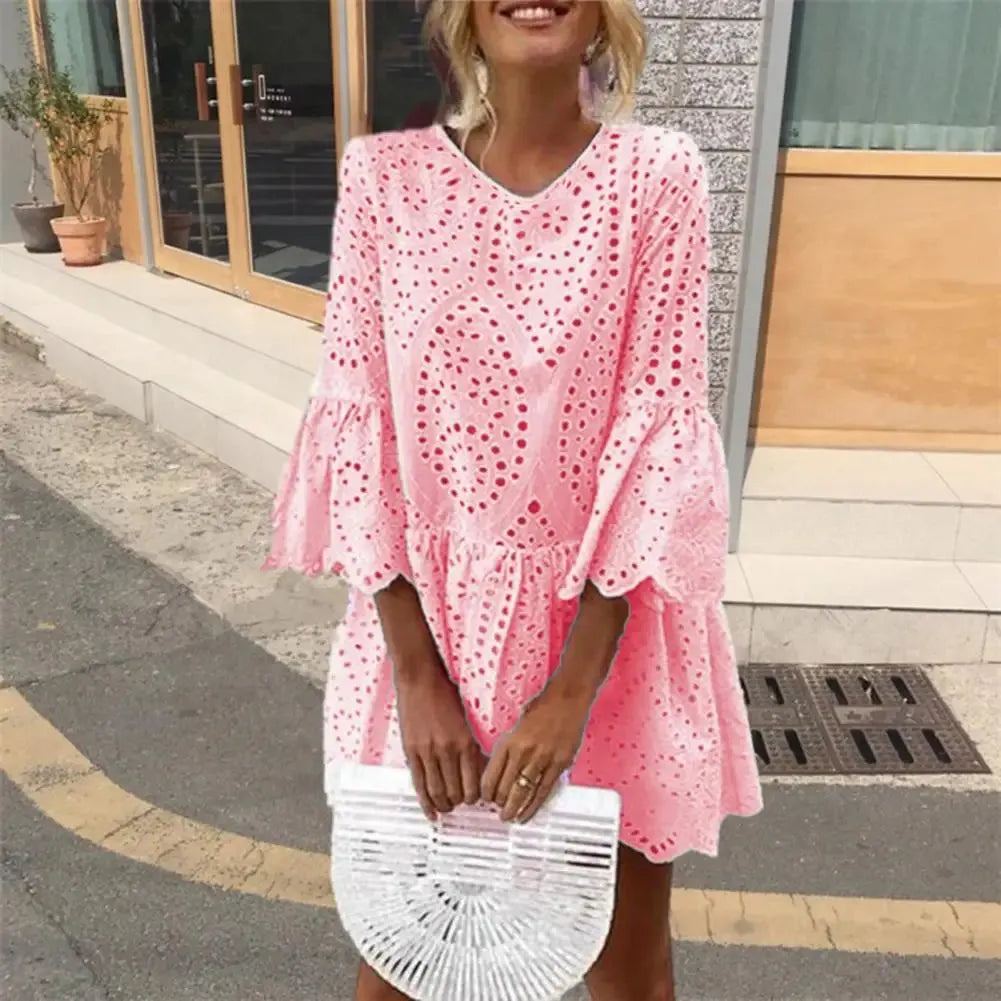 Shirt Dress Elegant Retro V-neck 3/4 Flared Sleeve Mini Dress Hollow Out Ruffle Hem Loose Fit Casual Short Dress Streetwear