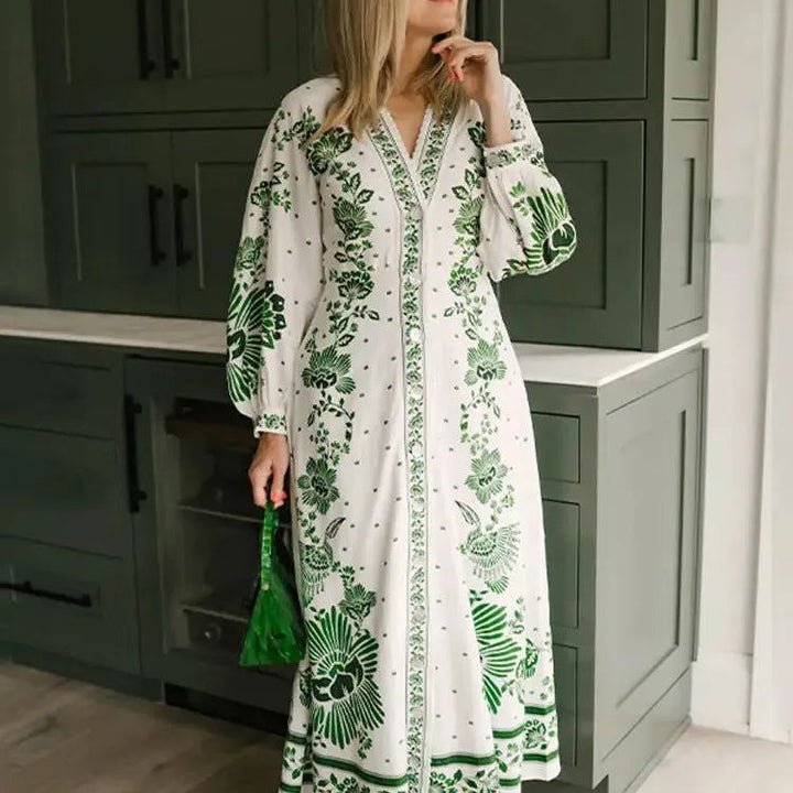 Chic Green Print Single Breast Maxi Dress Women Elegant Lapel Long Lantern Sleeves Long Robes 2024 New Beach Vocation Vestido