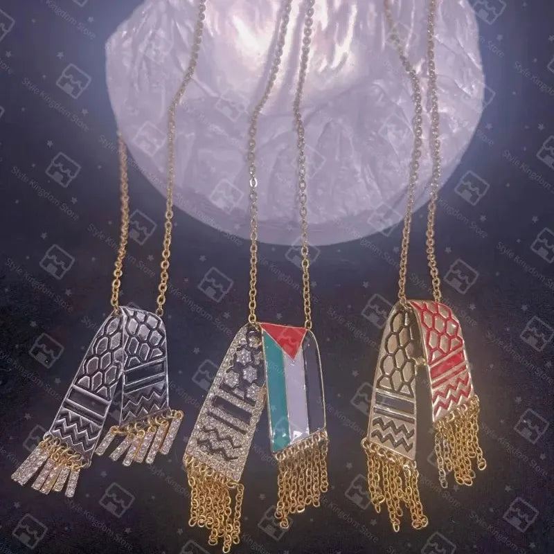 New Exquisite Stainless Steel Palestinian Pendant Necklace Men Women Retro Ethnic Palestinian Scarf Shape Chain Necklace Jewelry