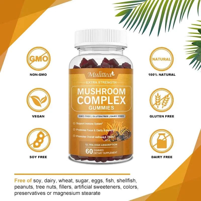 Mulittea High Absorption Mushroom Complex Supplements  with Lion's Mane Reishi Cordyceps Chaga Turkey Tail for Memory & Focus